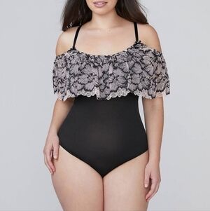 Cacique Sheer Pink Floral Lace Off The Shoulder Black Bodysuit size 26/28